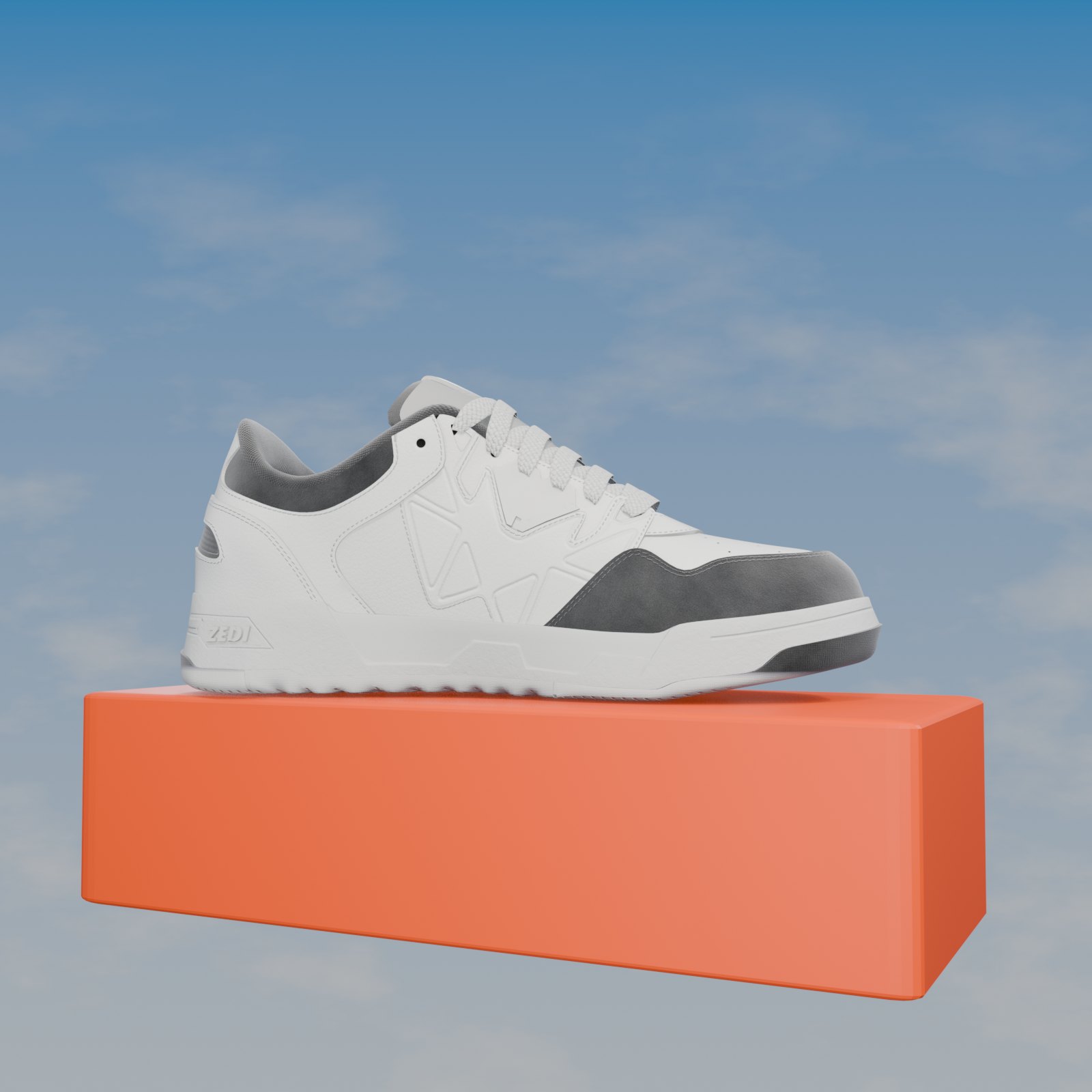 The ZEDI sneaker on an orange block against a blue sky, rendered in 3D
